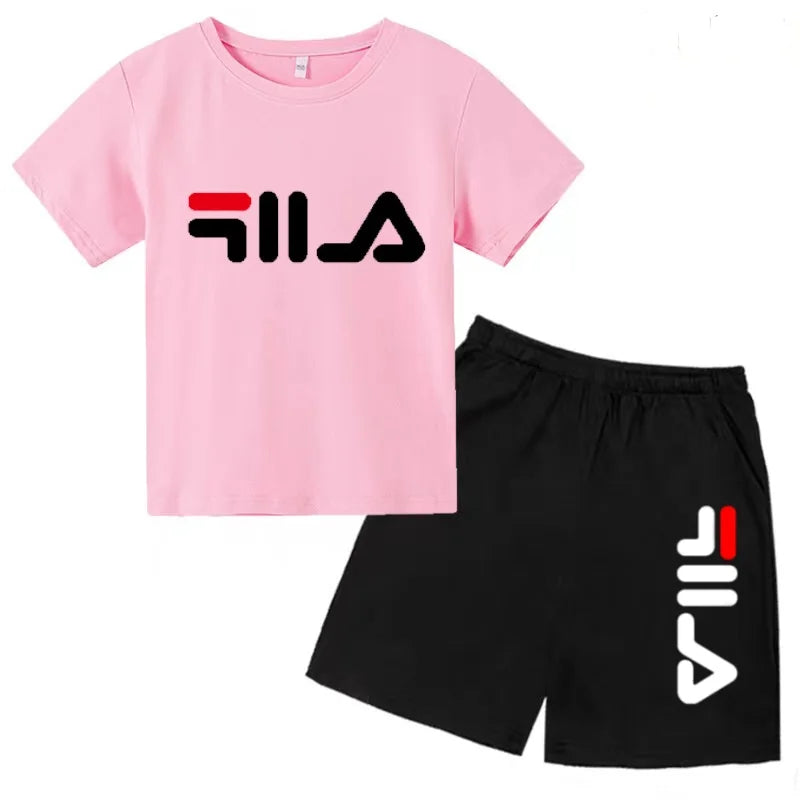 Boys and girls summer casual suit, printed soft cotton T-shirt with adjustable elastic shorts, sports and casual two-piece