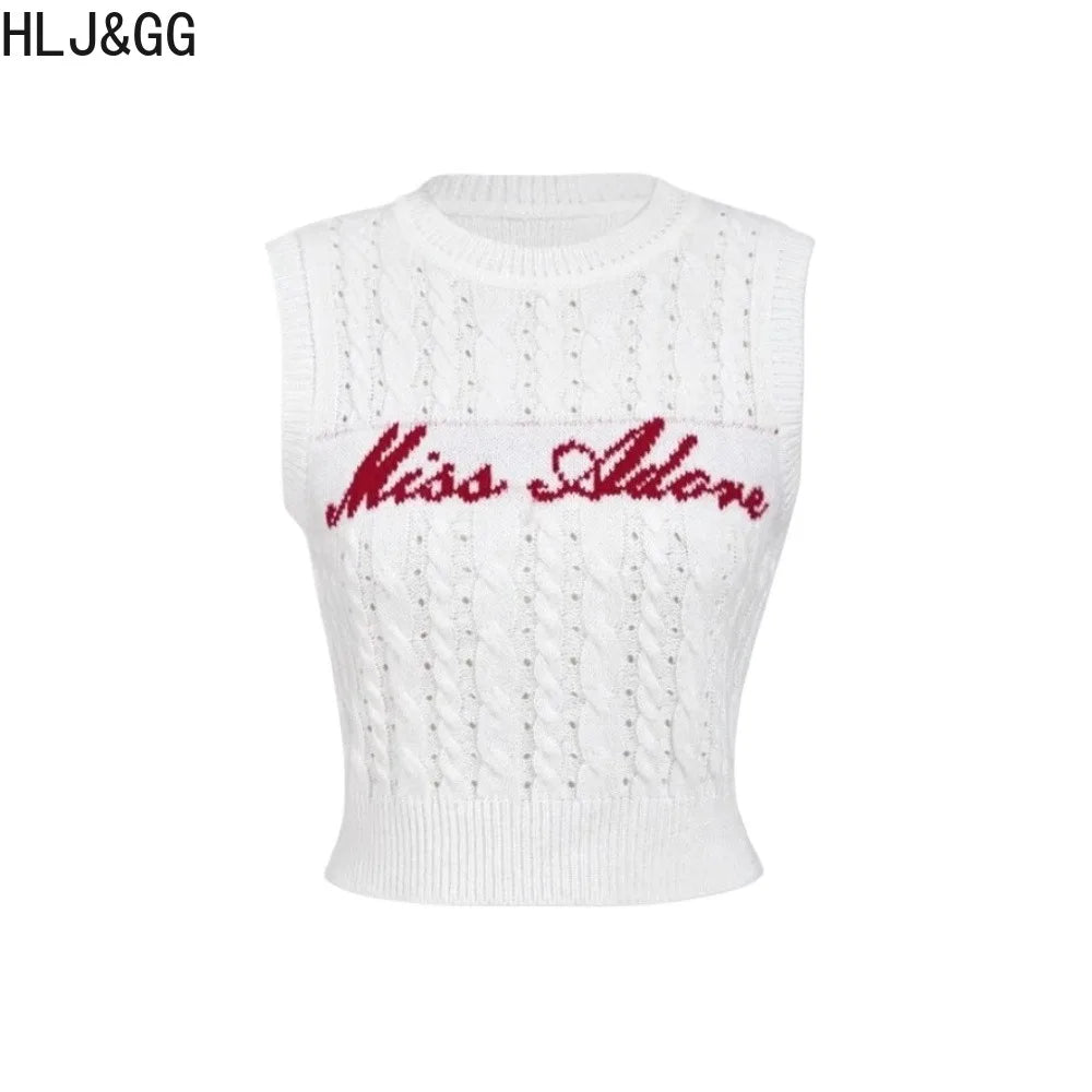 HLJ&GG White Knit Letter Fashion Y2K Outfits Women O Neck Sleeveless Slim Crop Top + Lace Plaid Shorts Two Piece Sets Streetwear
