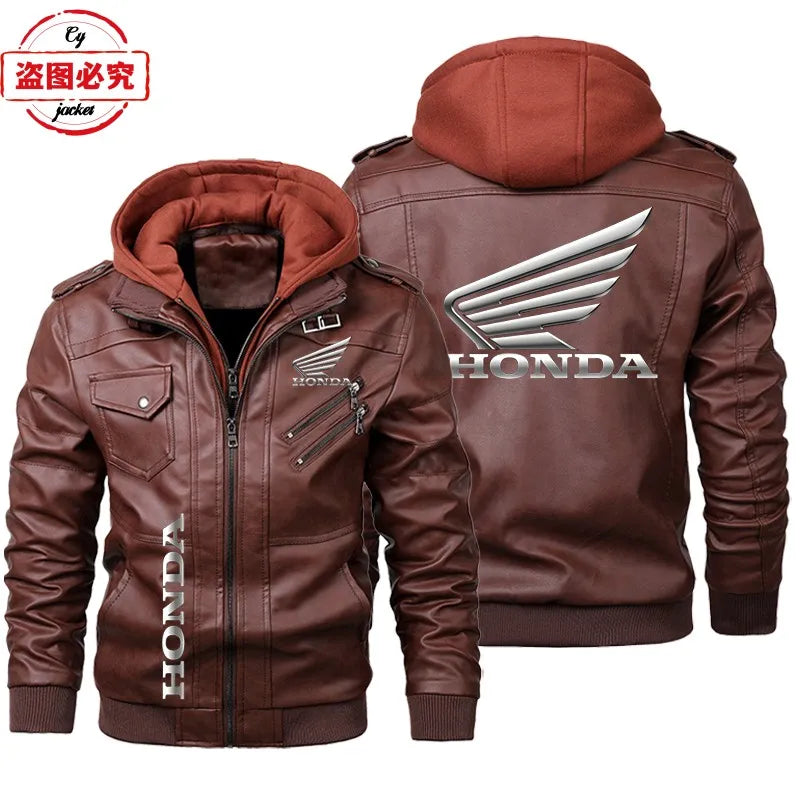 Honda Motorcycle Logo Printed Retro Washed Pu Leather Jacket Windproof Men's Hooded Jacket Honda Leather Jacket Honda Wing Logo