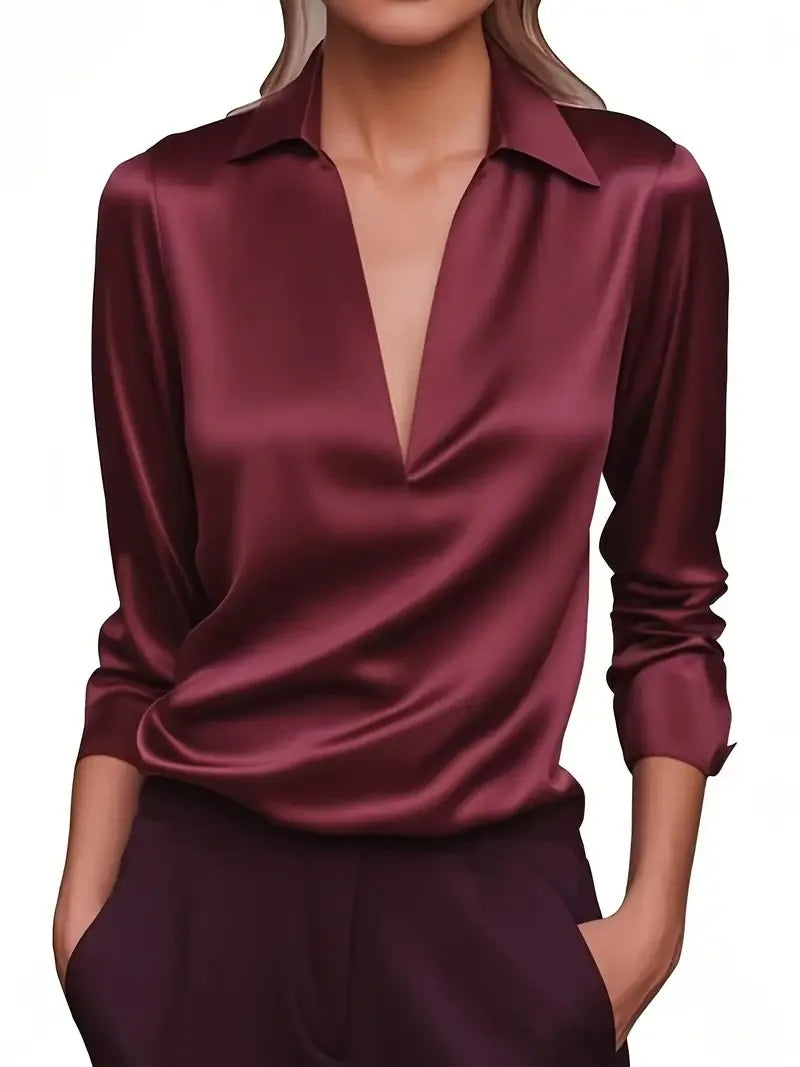 Satin Elegant Blouse for Women Long Sleeve Sexy V-neck Turn Down Collar Solid Luxury Silk Offic Lady Casual Shirt Tops 2025