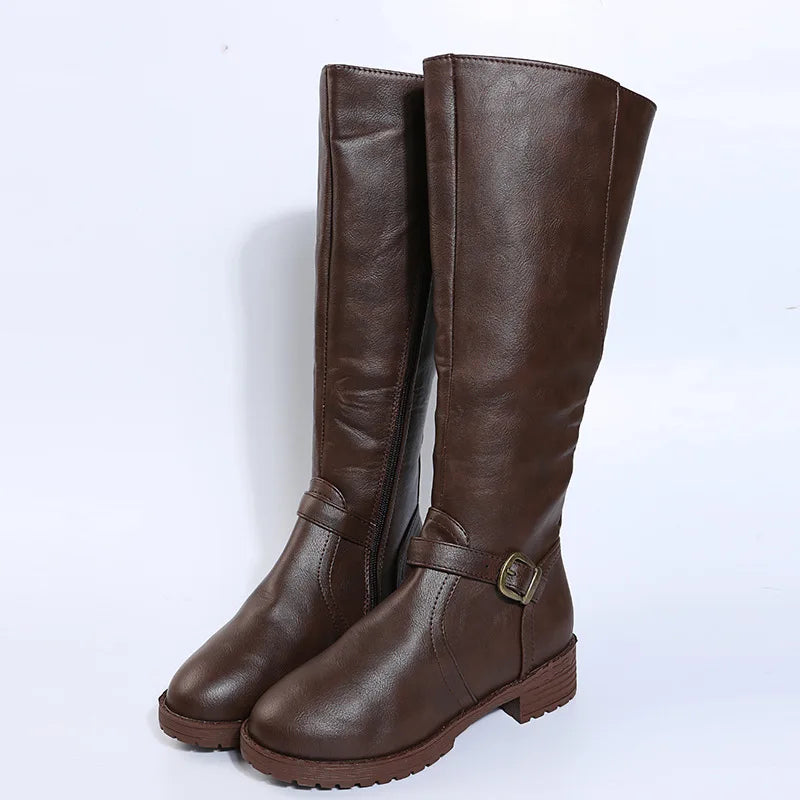 Women Knee High Boots Platform Long Boots Low Heels Round Toe Shoes New Zip Brown High Boot Vintage Pu Leather Women Boots 2025