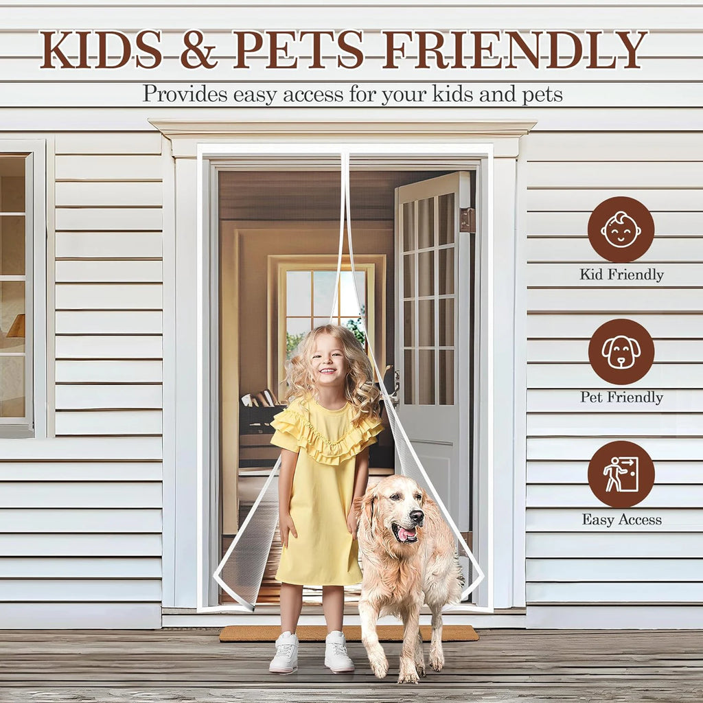 Self-Sealing Magnetic Screen Door Heavy Duty Insect Proof Mesh Curtain Hands-Free Pet Child Safe White