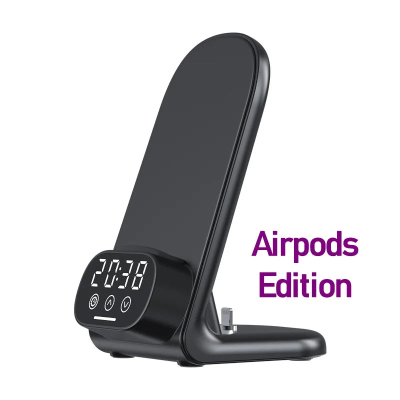 3IN1 Clock Wireless Charger Stand for SmartPhone Type-C Earphone Fast Charger Station for Iphone 15 14 13 12 11 Pro Max Airpods