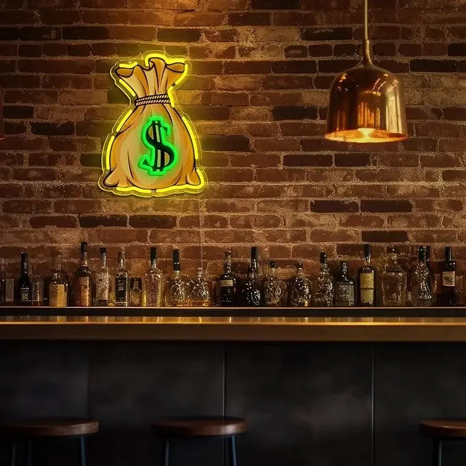 Money Bag with Dollar Sign Neon Sign Motivating LED Wall Light for Home Office Gameroom Bar Decor Wealth Theme Ambiance Lighting