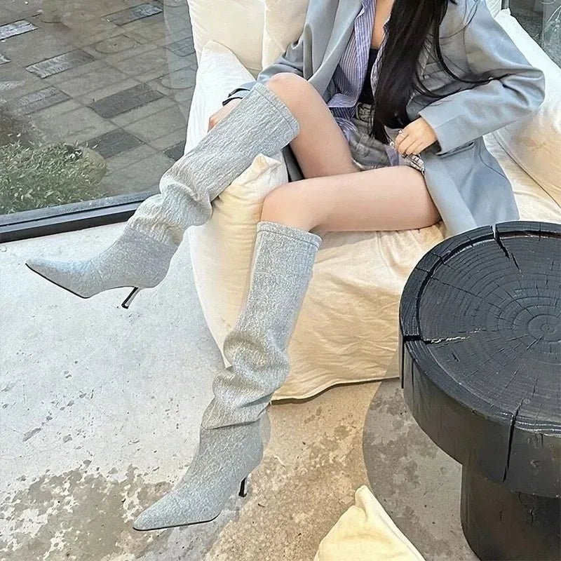 2026 New Women Shoes Fashion Stack Canvas Cowboy Boots for Woman Exquisite Pointed Tip Knee High Boot Designer Shoes Botas Mujer
