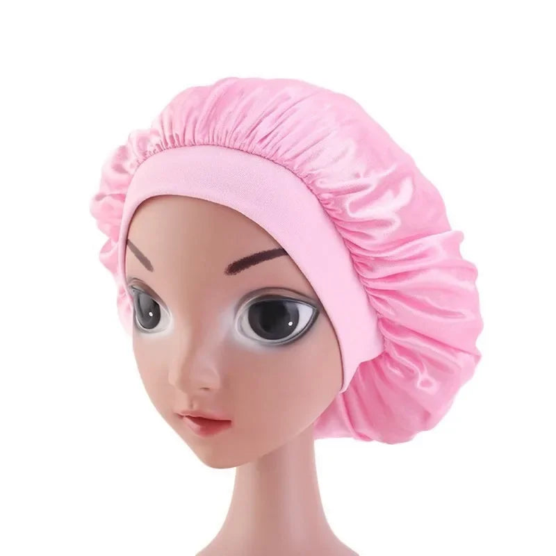 Kids Satin Silk Bonnet Girl Wide Elastic Band Solid Color Night Sleep Hat Hair Accessories Wholesale