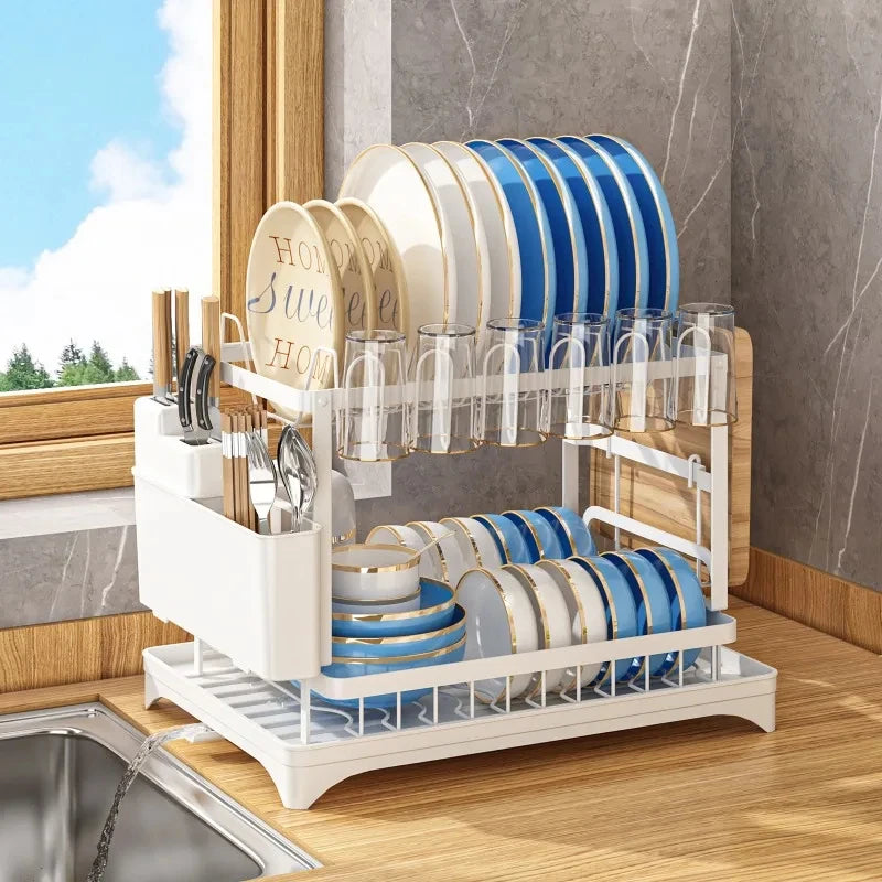 Kitchen Dish Drying Drain Rack Countertop Storage Rack with Cup Dish Knife Chopsticks Holder Home Kitchen Organizer