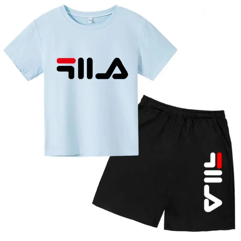 Boys and girls summer casual suit, printed soft cotton T-shirt with adjustable elastic shorts, sports and casual two-piece
