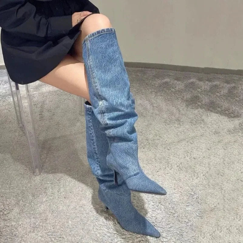 2026 New Women Shoes Fashion Stack Canvas Cowboy Boots for Woman Exquisite Pointed Tip Knee High Boot Designer Shoes Botas Mujer