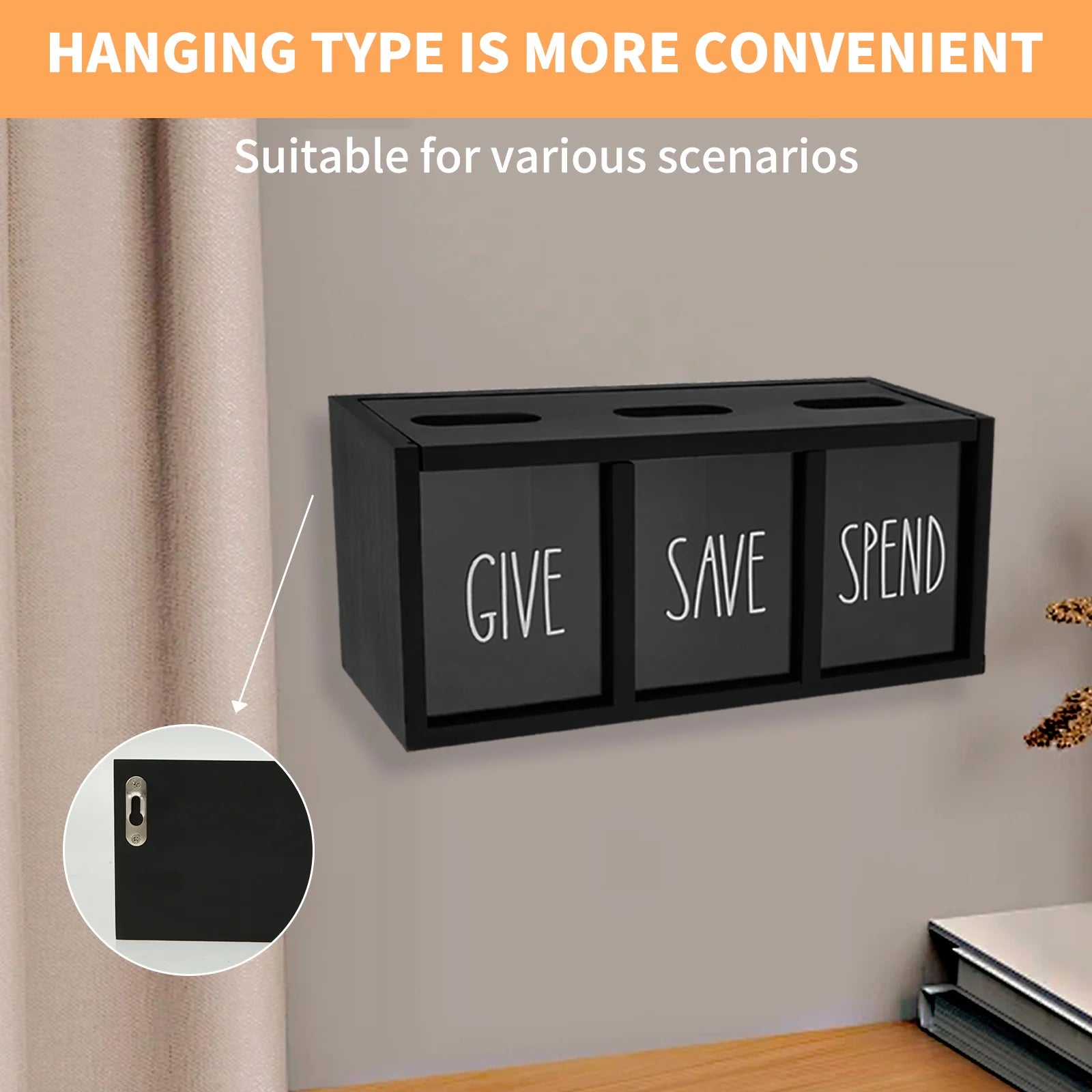 3 Grids Wall-mounted Save Spend Bank Visualized Money Saving Box Wooden Piggy Bank Give Save Spend Money Boxes for Kids Adults