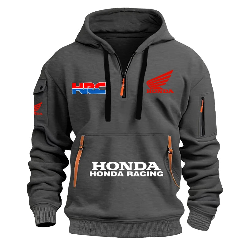 Honda Men's Racing Cap Hoodie for Outdoor Leisure Sports - Spring/Summer Season - Multi-Pockets - Half-Zip Hooded Sweatshirt