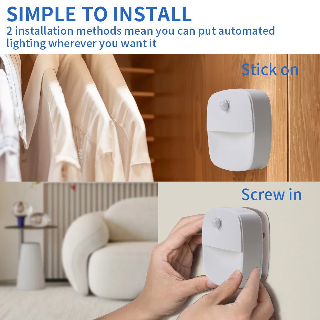Motion Sensor LED Night Light Battery Operated Bedroom Stick on Warm Light for Bathroom Kitchen Cabinet Cupboard Hallway Stairs