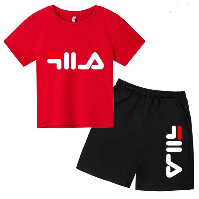 Boys and girls summer casual suit, printed soft cotton T-shirt with adjustable elastic shorts, sports and casual two-piece