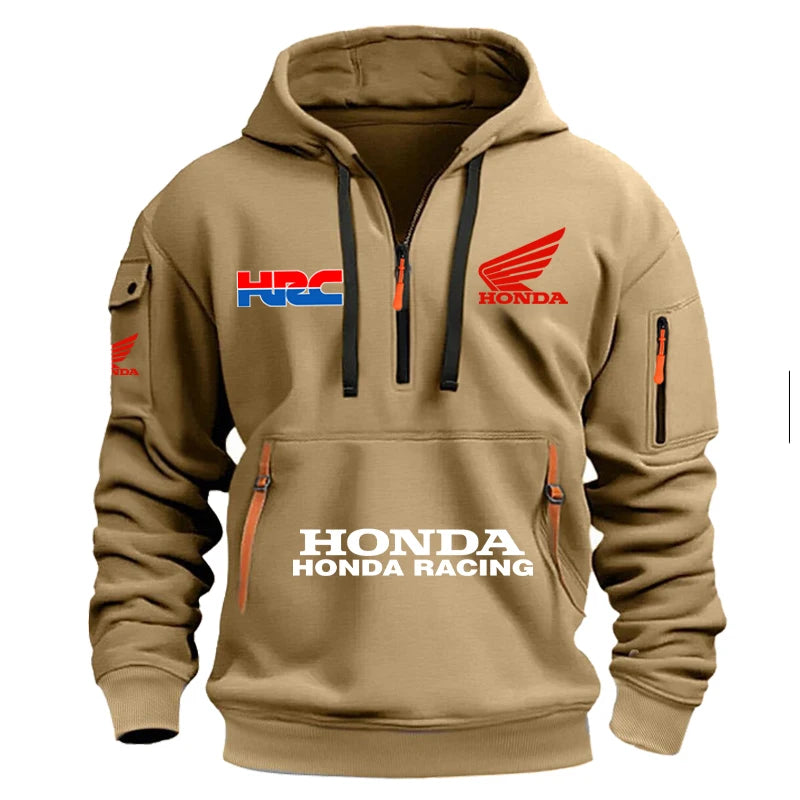 Honda Men's Racing Cap Hoodie for Outdoor Leisure Sports - Spring/Summer Season - Multi-Pockets - Half-Zip Hooded Sweatshirt