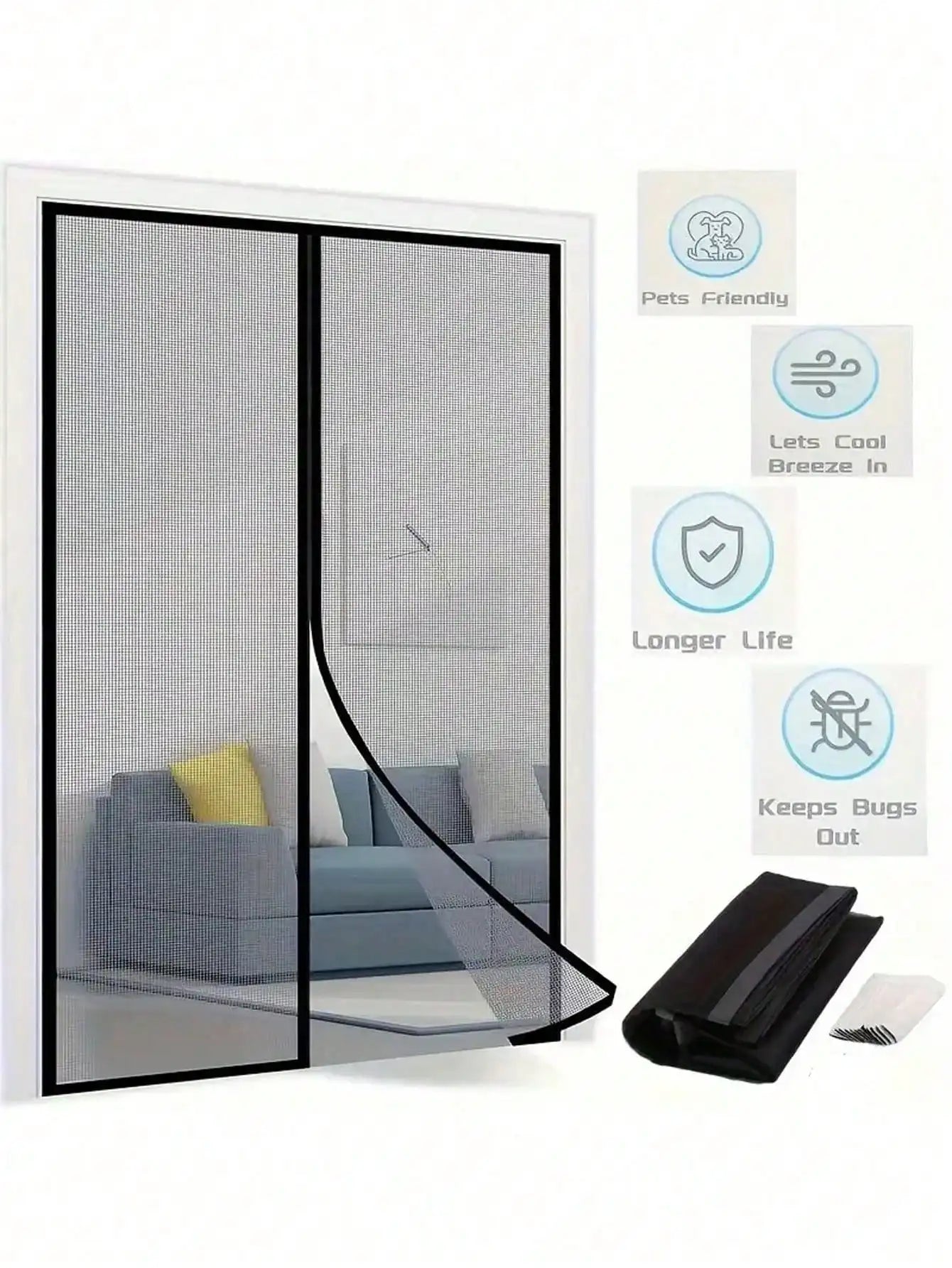 1 heavy-duty magnetic screen door, suitable for doors below 38x82 inches