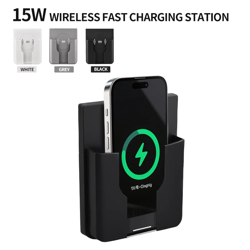 QI Universal Flush Wall Mount Wireless Charger,15W Fast Charging Stand for Phones,AC 110–220V