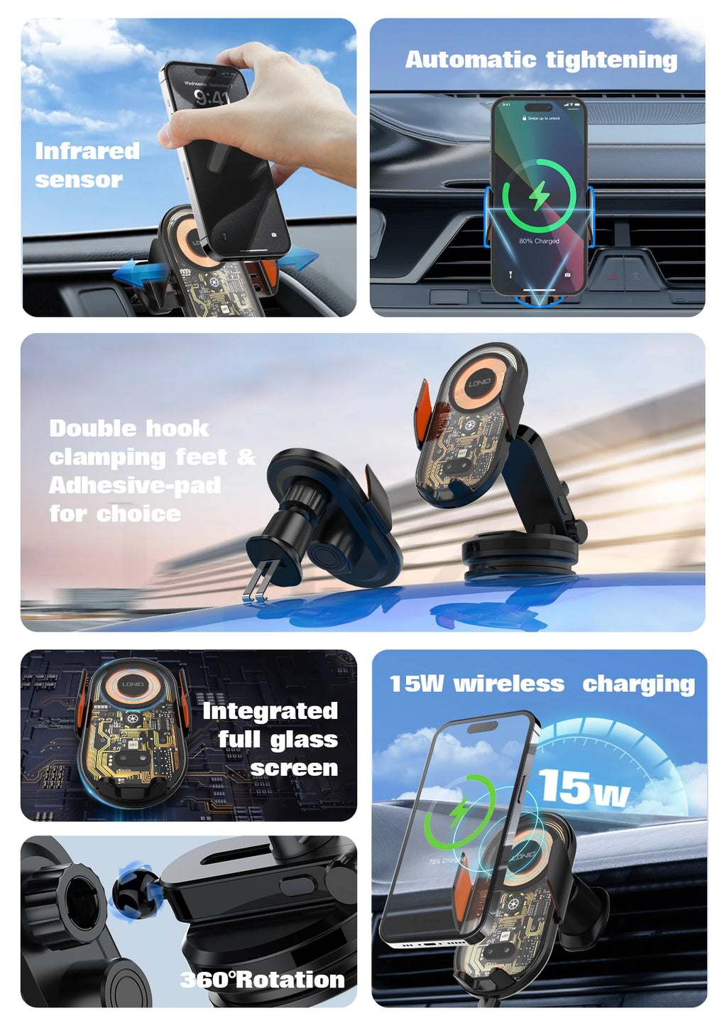 15W Wireless Charging Car Mount Phone Holder Mount Hands-Free Universal Cell Phone Mounts for Dashboard/Windshield 360° Rotation