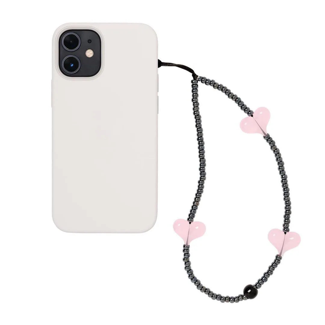 KKBEAD Kpop Black Matte Beads Phone Charm Pink Heart Strap Jewelry Korean Stars Phone Chains Lanyard Cellphone Accessories