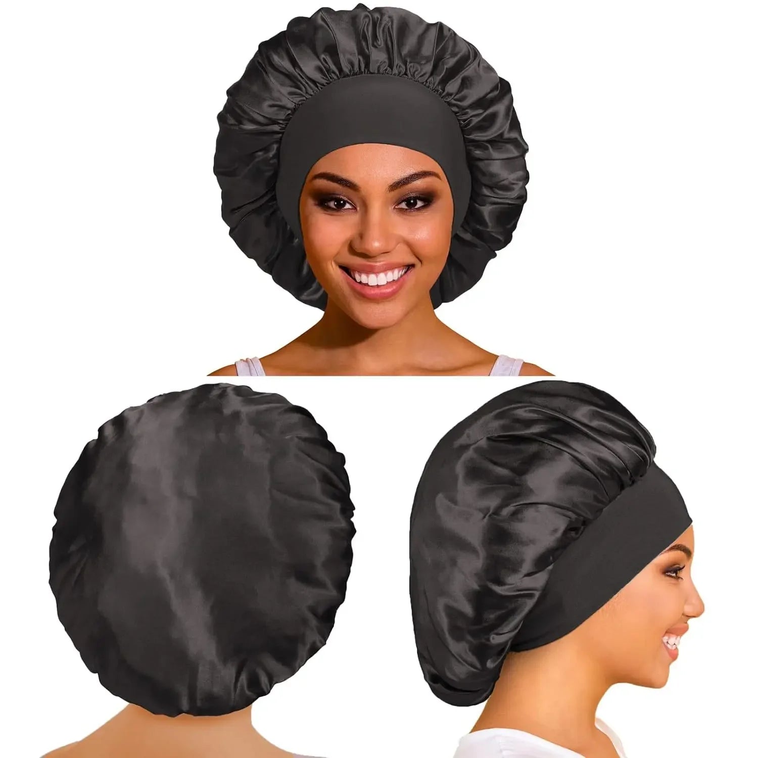 Women's Satin Solid Bonnet Wide Brim Elastic Band - Unisex Night Sleeping Bathing Hair Care Cap for Hair Protection