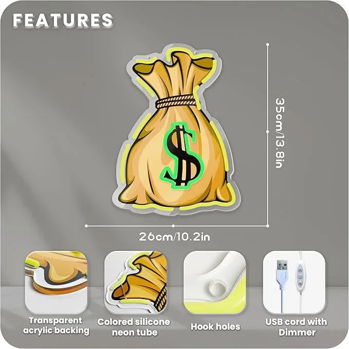 Money Bag with Dollar Sign Neon Sign Motivating LED Wall Light for Home Office Gameroom Bar Decor Wealth Theme Ambiance Lighting