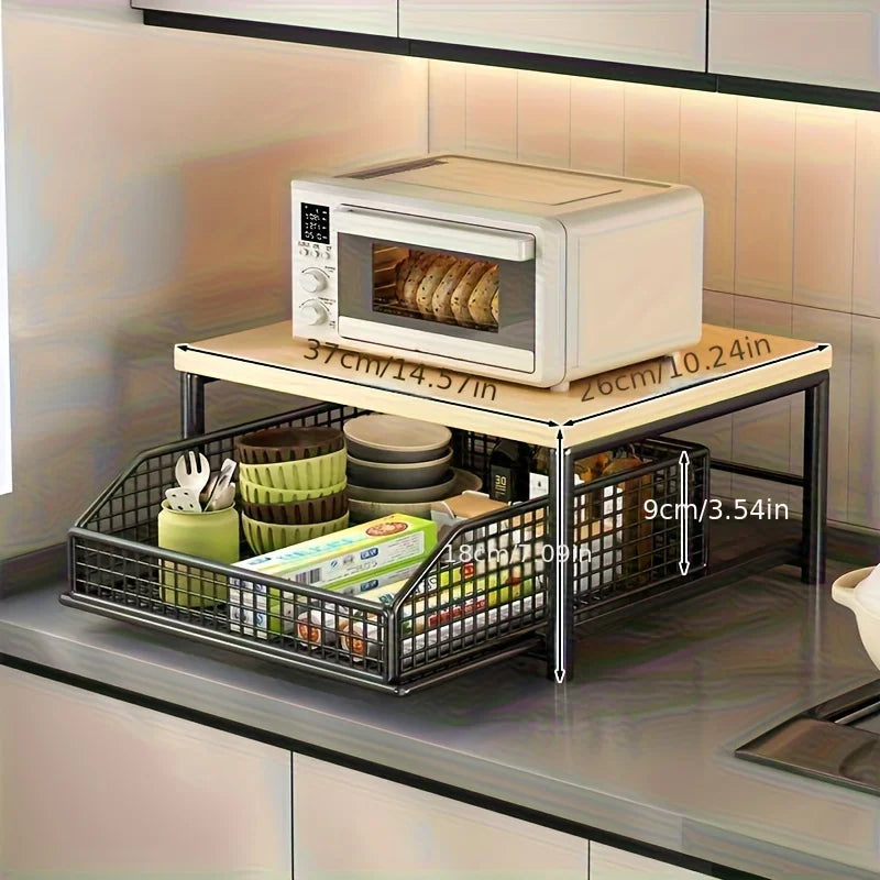 Sturdy Hardwood Space Saving Kitchen Countertop Organizer with Drawer Wire Basket for Coffee Maker