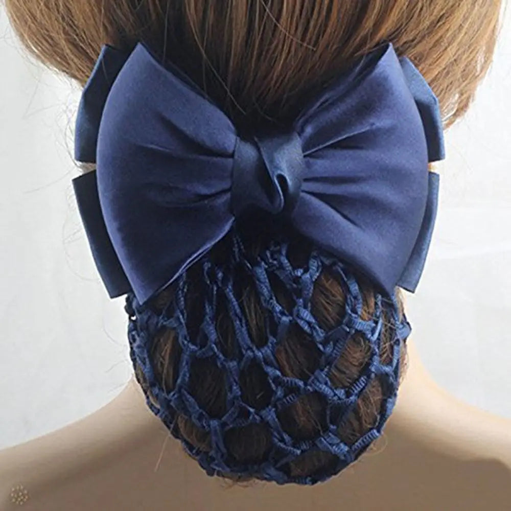 Satin Bowknot Decor Hairnet Women Girls Hair Clip Snood Net Barrette Bun Cover