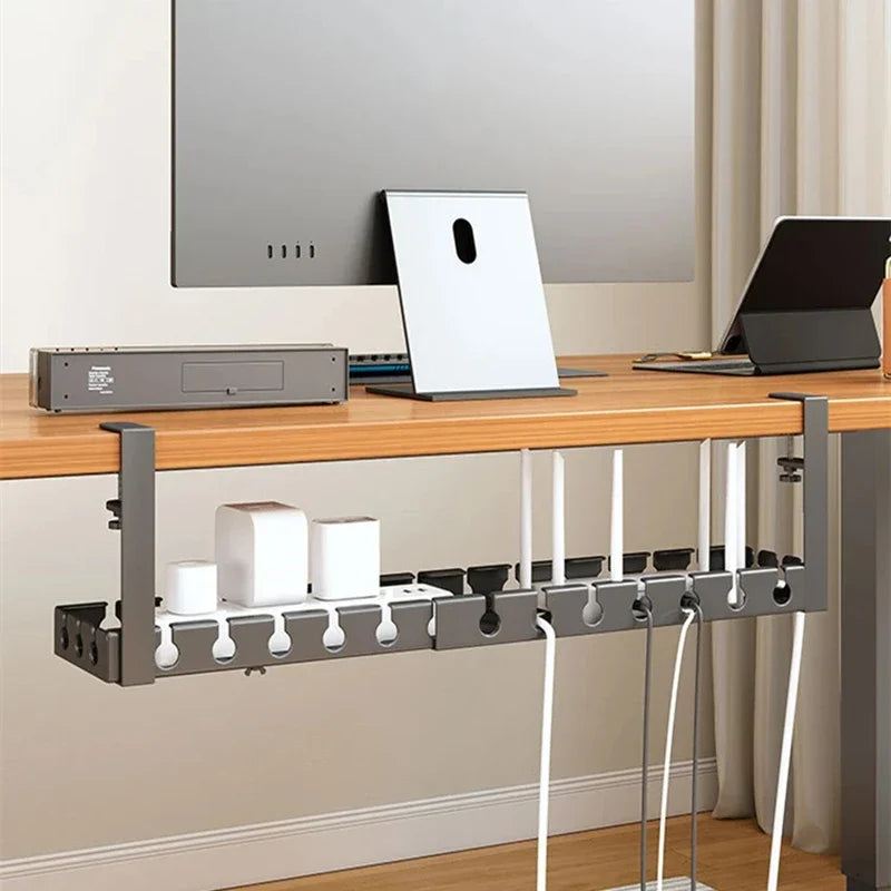 Retractable Clamp On No Drill Under Desk Cable Tray Retractable Metal Wire Organizer Power Strip Storage