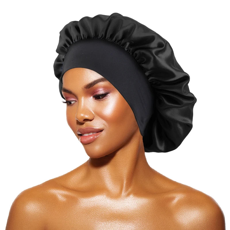 Women's satin solid color sleep cap wide brim, night shower bonnet with elastic band,unisex hair protection for sleeping&bathing