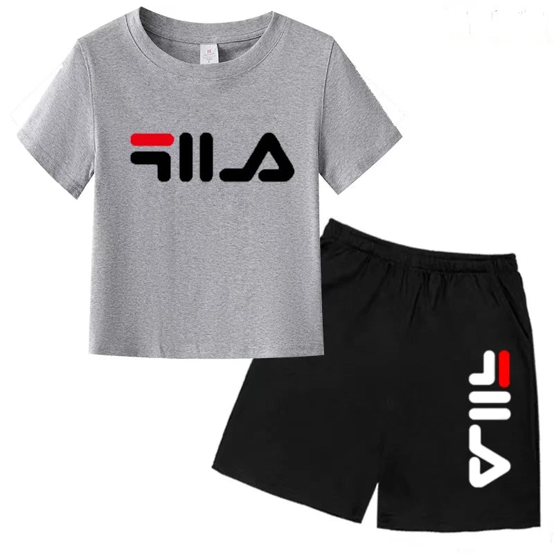 Boys and girls summer casual suit, printed soft cotton T-shirt with adjustable elastic shorts, sports and casual two-piece