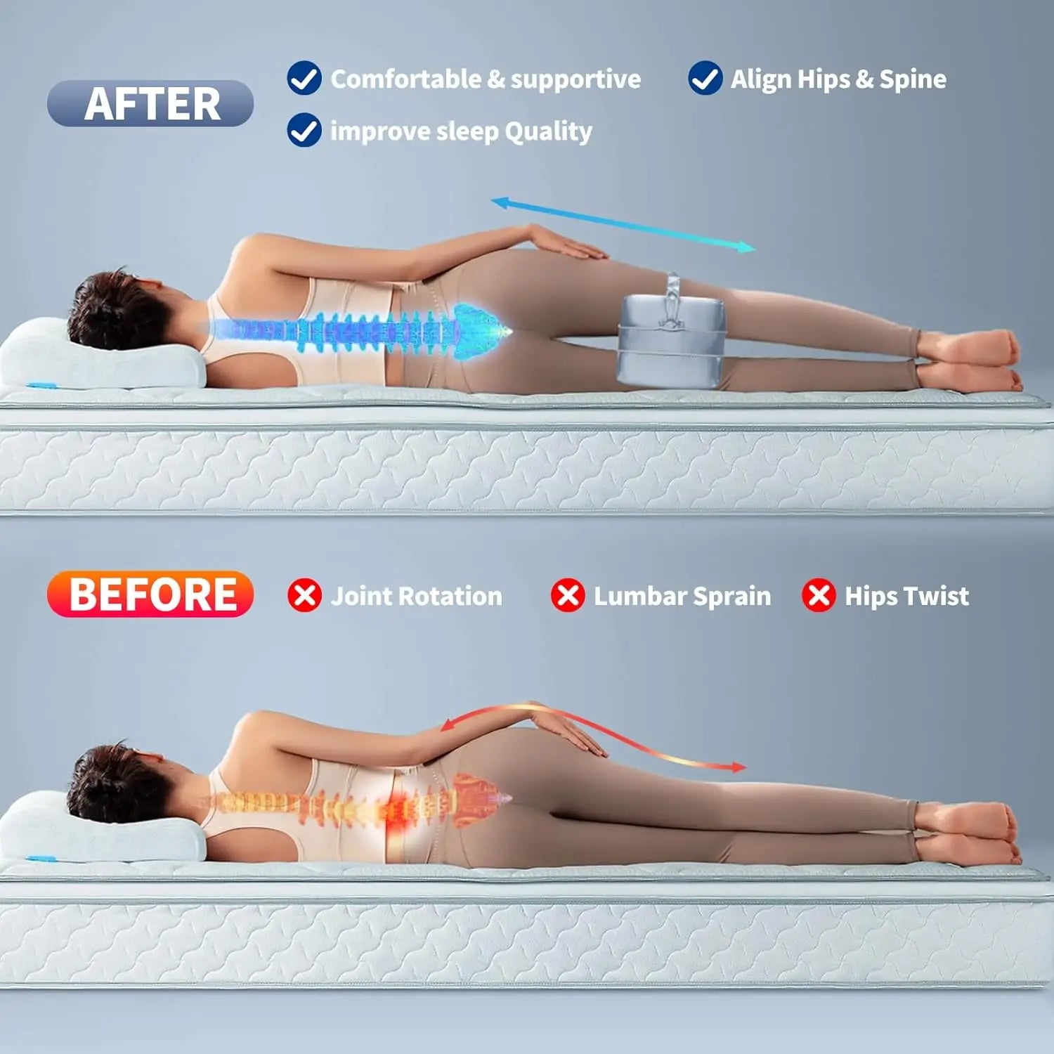 Side Sleeper Knee Pillow with Satin Cover, Adjustable Design Relieves Hip Back Pain & Supports Spine Alignment