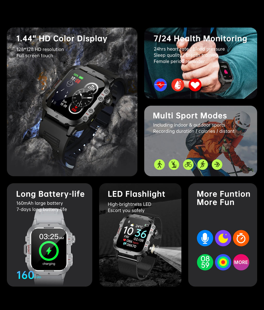 2026 New Military Smart Watch Men IP67 3ATM Outdoor Sports Fitness Tracker Health Monitor 1.44Inch BT Call Smartwatch