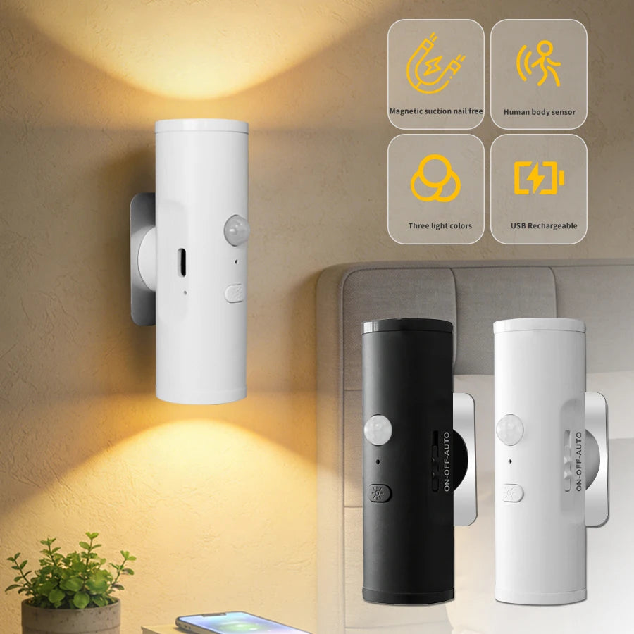 LED Night Light with Motion Sensor Rechargeable Magnetic Wall Lamp Dimmable Cabinet Hallway Stairs Bedroom Mood Ambient Light