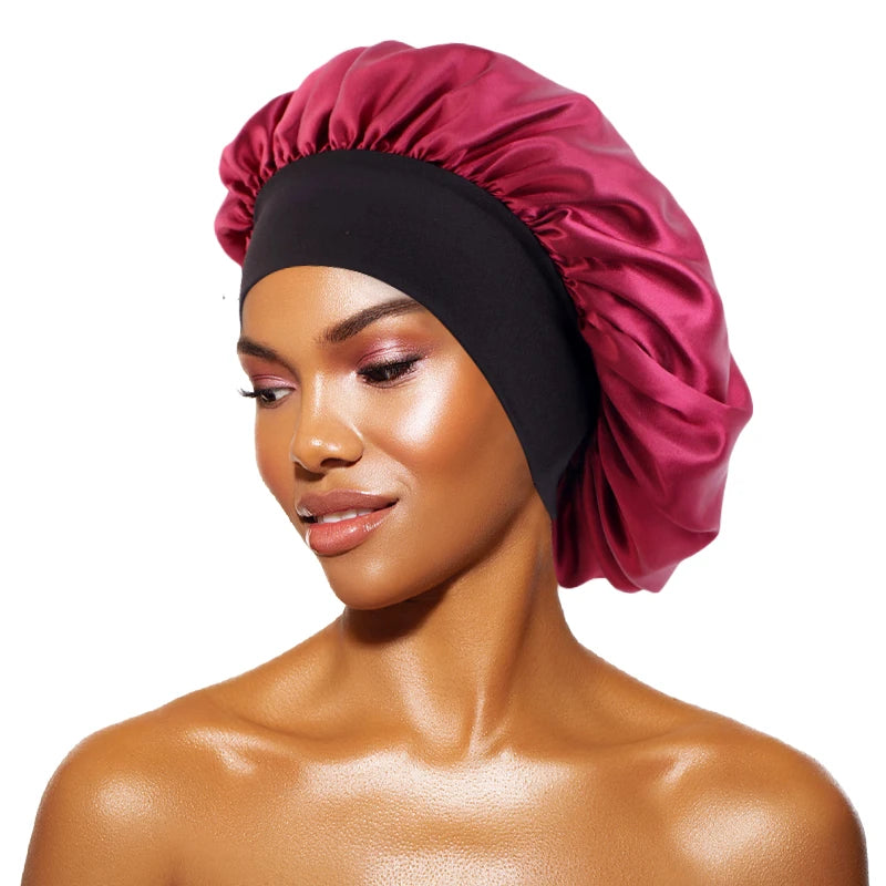 Women's satin solid color sleep cap wide brim, night shower bonnet with elastic band,unisex hair protection for sleeping&bathing