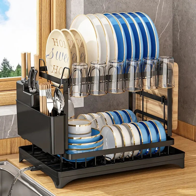 Kitchen Dish Drying Drain Rack Countertop Storage Rack with Cup Dish Knife Chopsticks Holder Home Kitchen Organizer