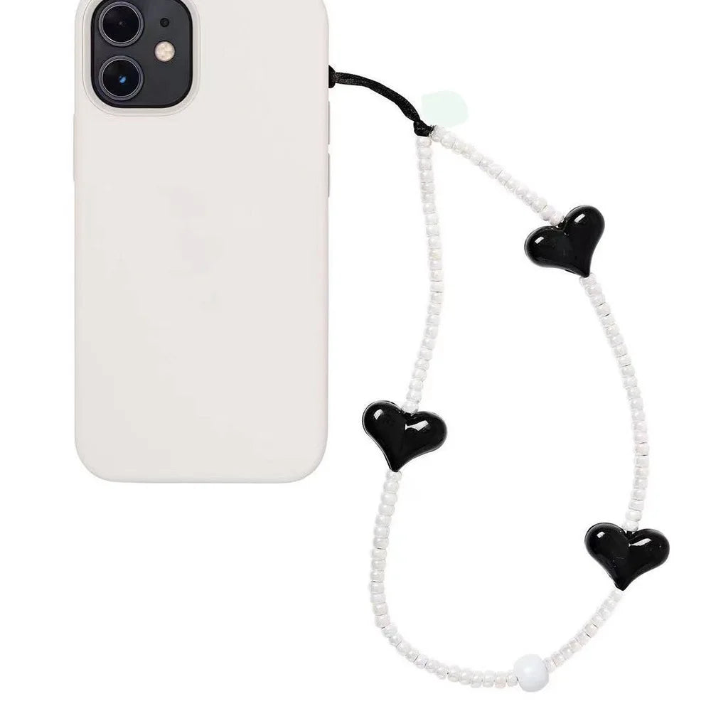 KKBEAD Kpop Black Matte Beads Phone Charm Pink Heart Strap Jewelry Korean Stars Phone Chains Lanyard Cellphone Accessories
