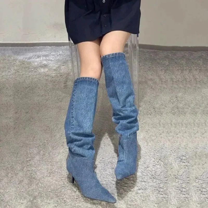 2026 New Women Shoes Fashion Stack Canvas Cowboy Boots for Woman Exquisite Pointed Tip Knee High Boot Designer Shoes Botas Mujer