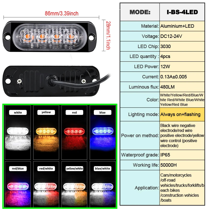 Car Strobe Warning Flashing Light Truck Side Indicator Lights Car Grille Malfunction Light Bar Trailer Beacon Lamp12V 24V Pickup