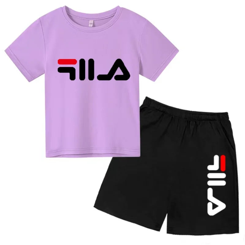 Boys and girls summer casual suit, printed soft cotton T-shirt with adjustable elastic shorts, sports and casual two-piece