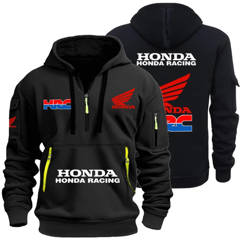 Honda Men's Racing Cap Hoodie for Outdoor Leisure Sports - Spring/Summer Season - Multi-Pockets - Half-Zip Hooded Sweatshirt