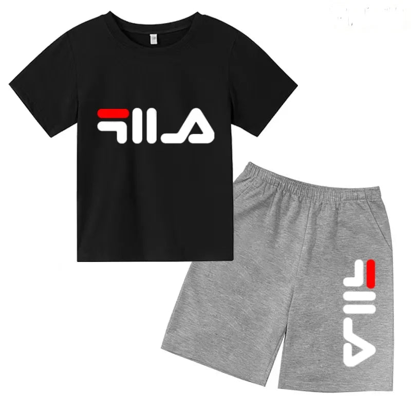 Boys and girls summer casual suit, printed soft cotton T-shirt with adjustable elastic shorts, sports and casual two-piece