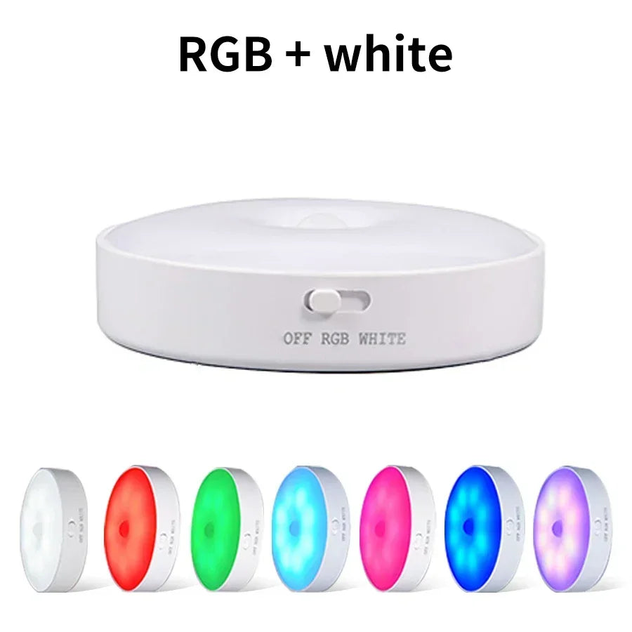 LED Motion Sensor Night Light Round RGB Cold Warm Light Magnetic Closet Light Living Room Kitchen Bedroom Night Ambient Lights