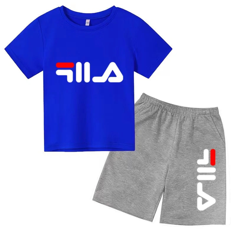 Boys and girls summer casual suit, printed soft cotton T-shirt with adjustable elastic shorts, sports and casual two-piece