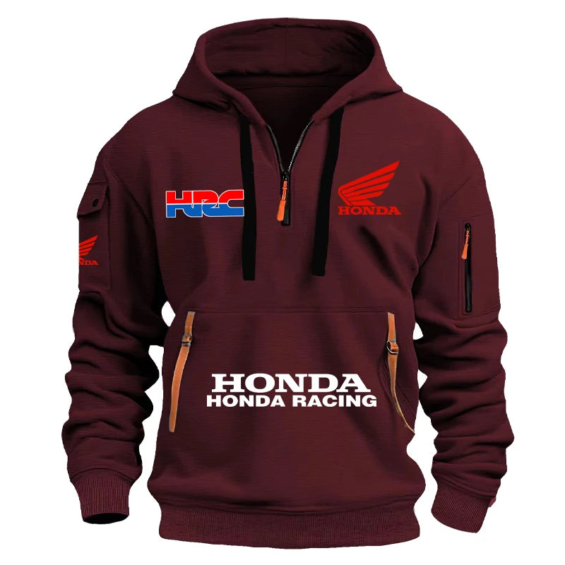 Honda Men's Racing Cap Hoodie for Outdoor Leisure Sports - Spring/Summer Season - Multi-Pockets - Half-Zip Hooded Sweatshirt