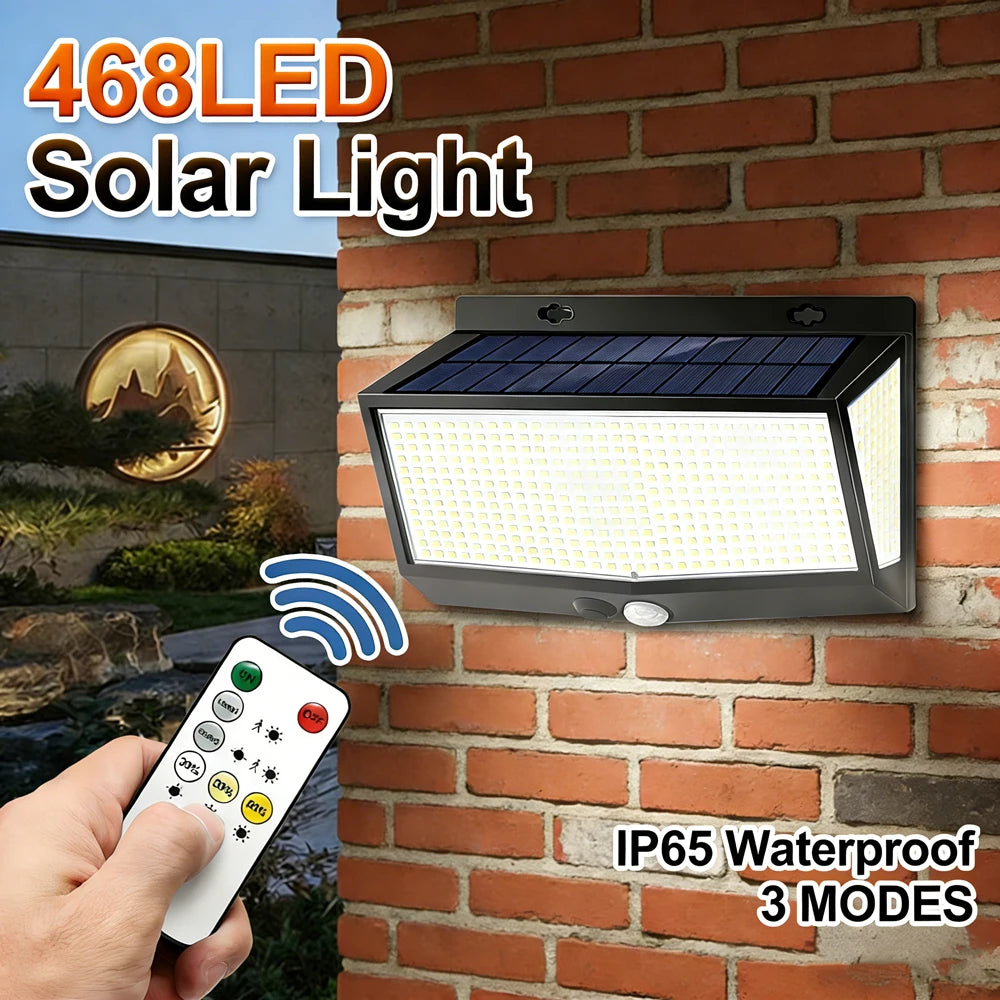 468LED Solar Motion Sensor Lights IP65 Waterproof Wall Lights with Remote Control Garden Patio Yard Garage Outdoor Solar Lights