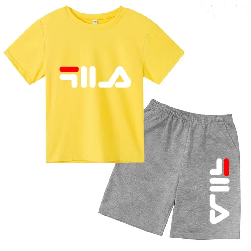 Boys and girls summer casual suit, printed soft cotton T-shirt with adjustable elastic shorts, sports and casual two-piece