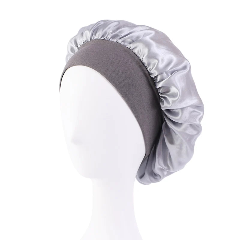 Women's satin solid color sleep cap wide brim, night shower bonnet with elastic band,unisex hair protection for sleeping&bathing