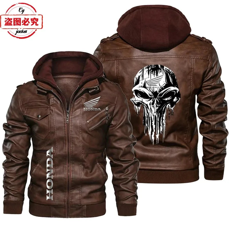 Honda Motorcycle Logo Printed Retro Washed Pu Leather Jacket Windproof Men's Hooded Jacket Honda Leather Jacket Honda Wing Logo