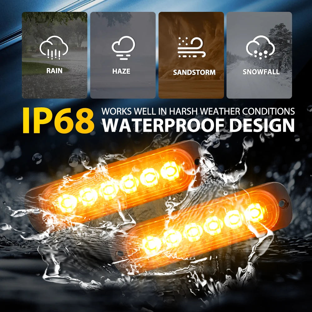 2Pcs Amber 6 LED Strobe Flash Lights Bars Car Motorcycle Truck Side Marker Light Emergency Warning Flashing Light 12V 24V