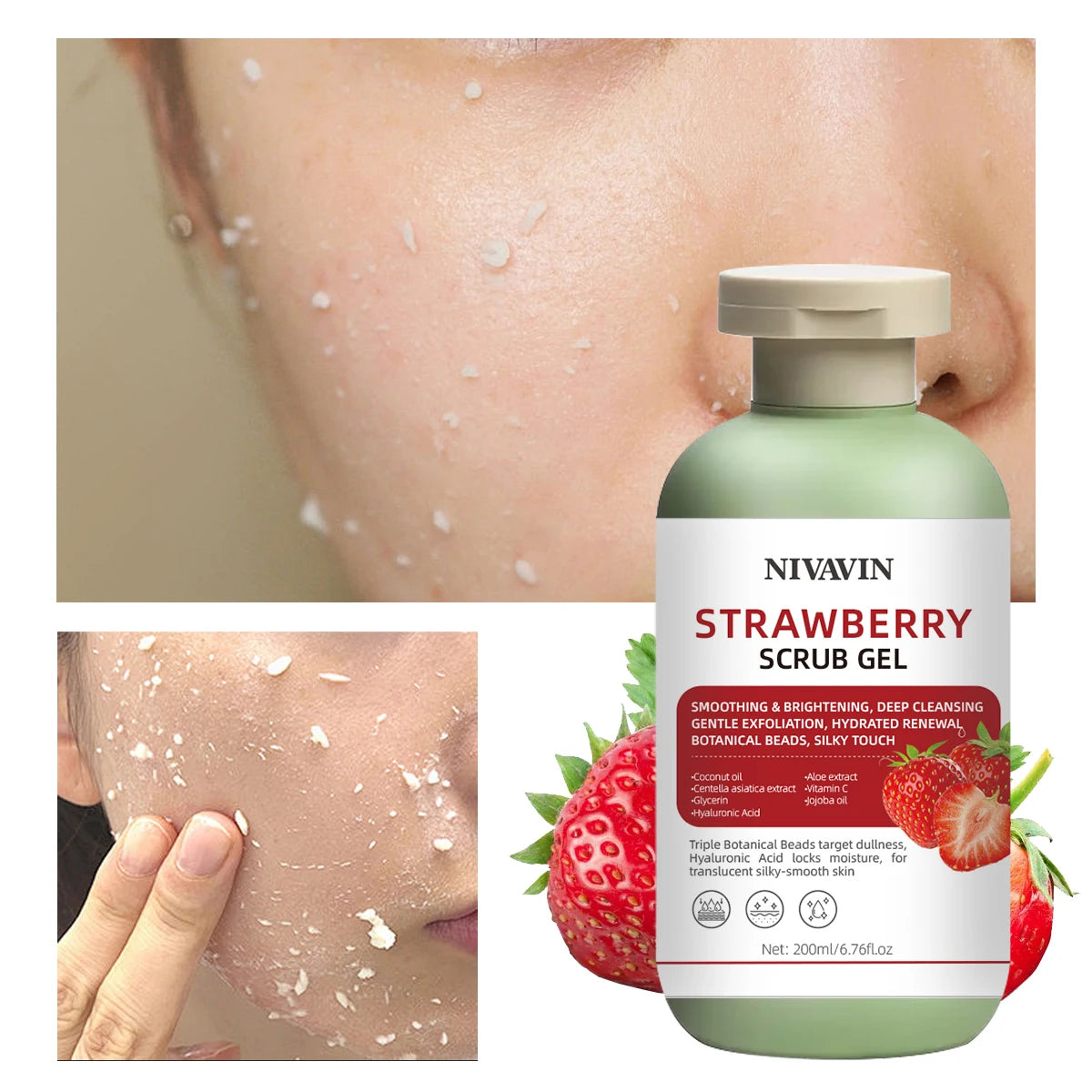NIVAVINStrawberry Skin Care Set, 200ml scrub gel + 100ml essential oil, deep cleansing and soothing skin