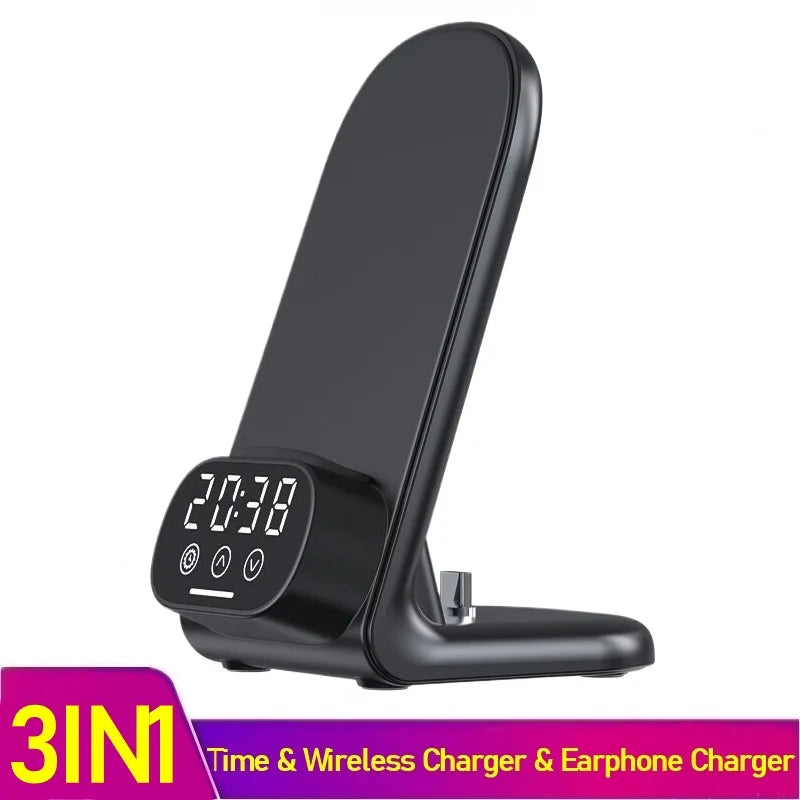 3IN1 Clock Wireless Charger Stand for SmartPhone Type-C Earphone Fast Charger Station for Iphone 15 14 13 12 11 Pro Max Airpods